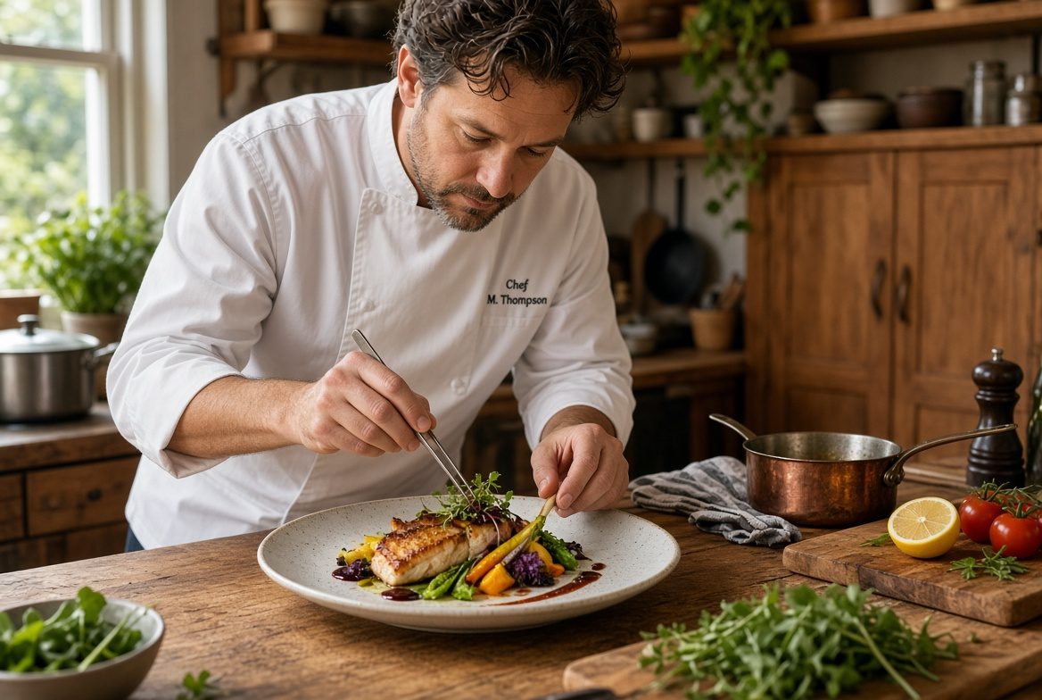 A chef plating seared fish with roasted vegetables on a wooden table in a home kitchen